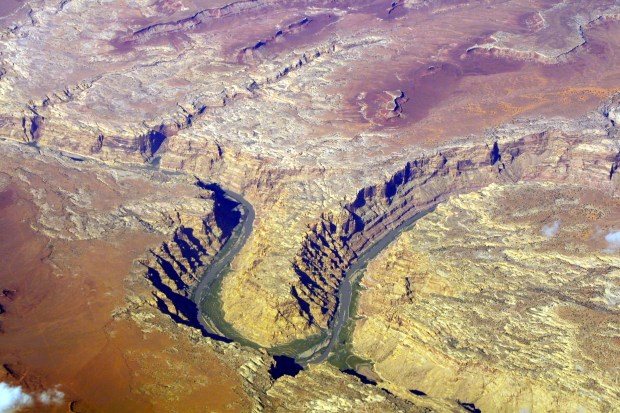 Aerial view of a canyon meandering